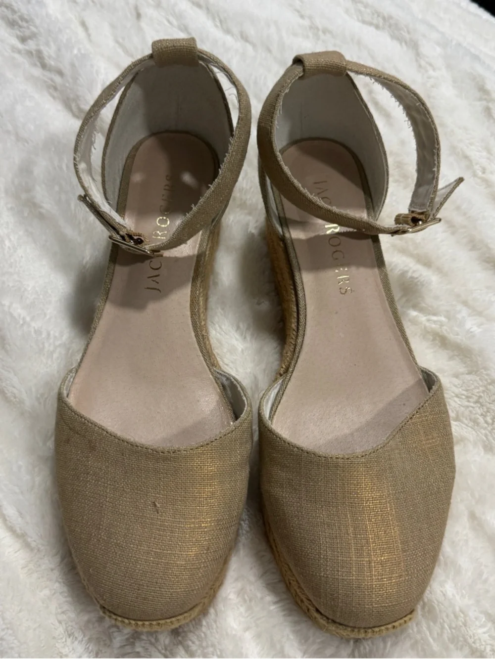 Jack Rogers Metallic Gold Jute Espadrille Wedge Sandals Size 8.5 Ankle Strap